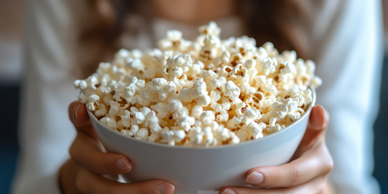 Enjoying a bowl of fresh popcorn while relaxing at home with friends in the evening